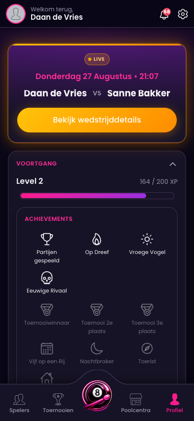 Badges en achievements in de Pro Pool app