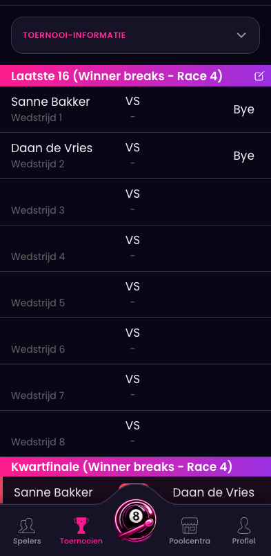 Toernooischema in de Pro Pool app
